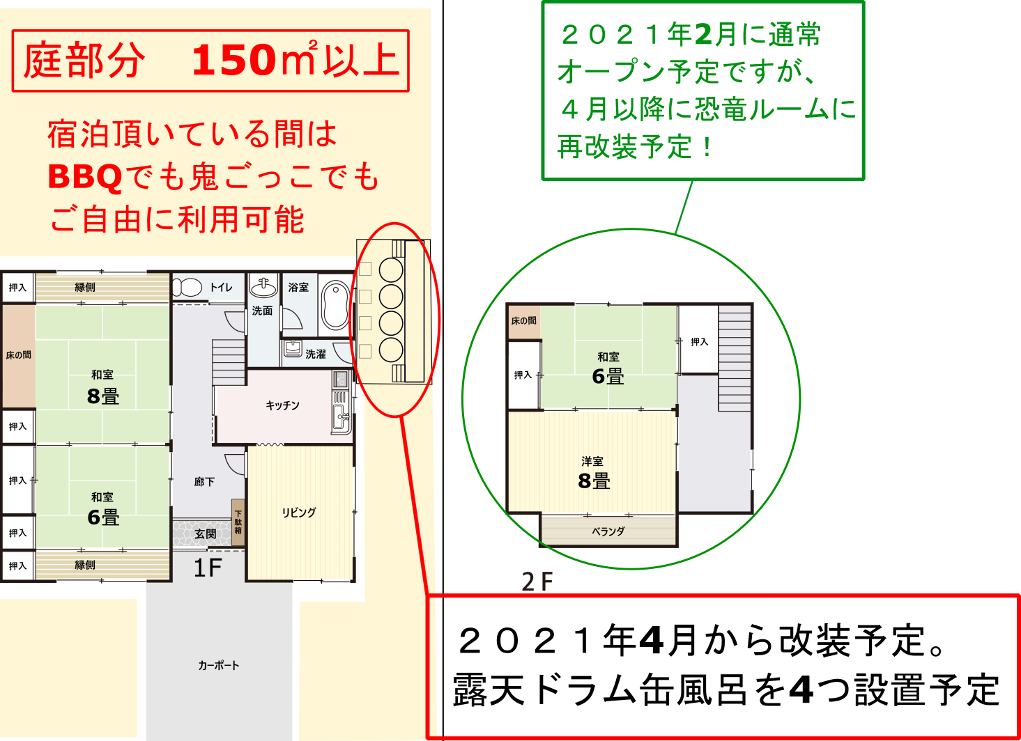 ドラム缶風呂　恐竜ルーム　福井　勝山　スキージャム　民泊　恐竜博物館