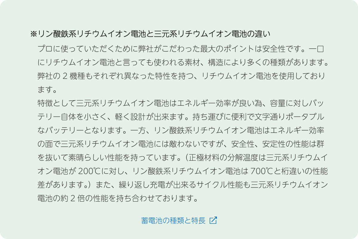 ※リン酸鉄系リチウムイオン電池と三元系リチウムイオン電池の違い