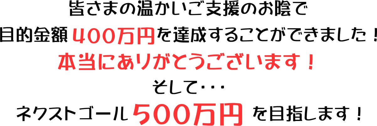 皆さまの温かいご支援のお陰で目標金額４００万えんを達成することができました！本当にありがとうございます！そしてネクストゴール５００万円を目指します！