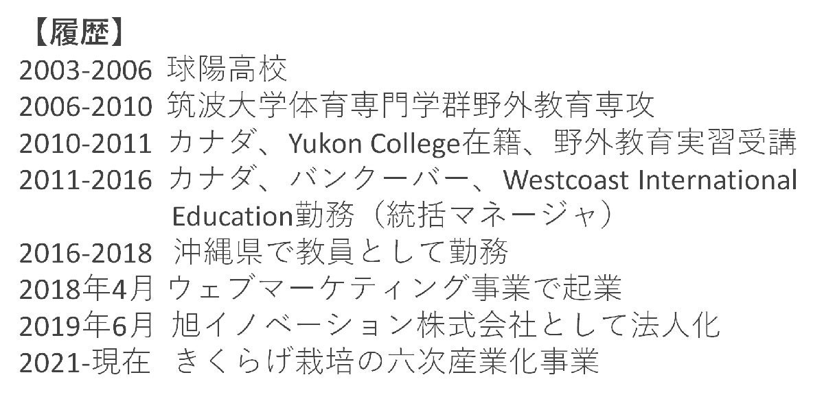 【履歴】 2006-2010 筑波大学体育専門学群野外教育専攻 2010-2011 カナダ、Yukon College在籍、野外教育実習受講 2011-2016 カナダ、バンクーバー、Westcoast International Education勤務(統括マネージャ) 2016-2018 沖縄県で教員として勤務 2018年4月 ウェブマーケティング事業で起業 2019年6月 旭イノベーション株式会社として法人化 2021-現在 きくらげ栽培の六次産業化事業