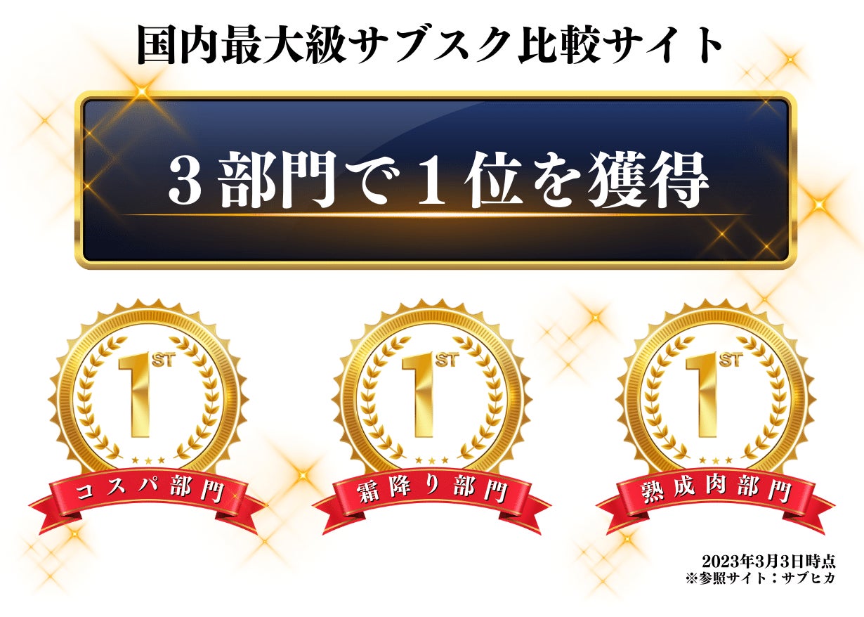 国内最大級サブスク比較サイト サブヒカ コスパ部門 霜降り部門 熟成肉部門 1位