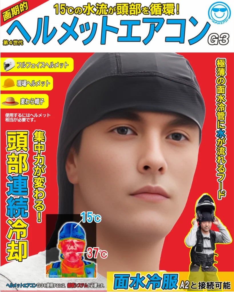 ヘルメットエアコンG3- 15℃の水流が頭部を循環!