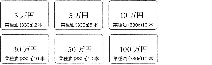 3万円(2本) 5万円(5本) 10万円(10本) 30万円(10本) 50万円(10本) 100万円(10本)