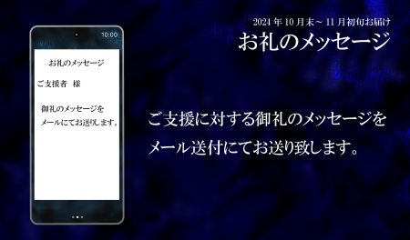 お礼のメッセージ：ご支援に対するお礼のメッセージをメール送付にてお送り致します。