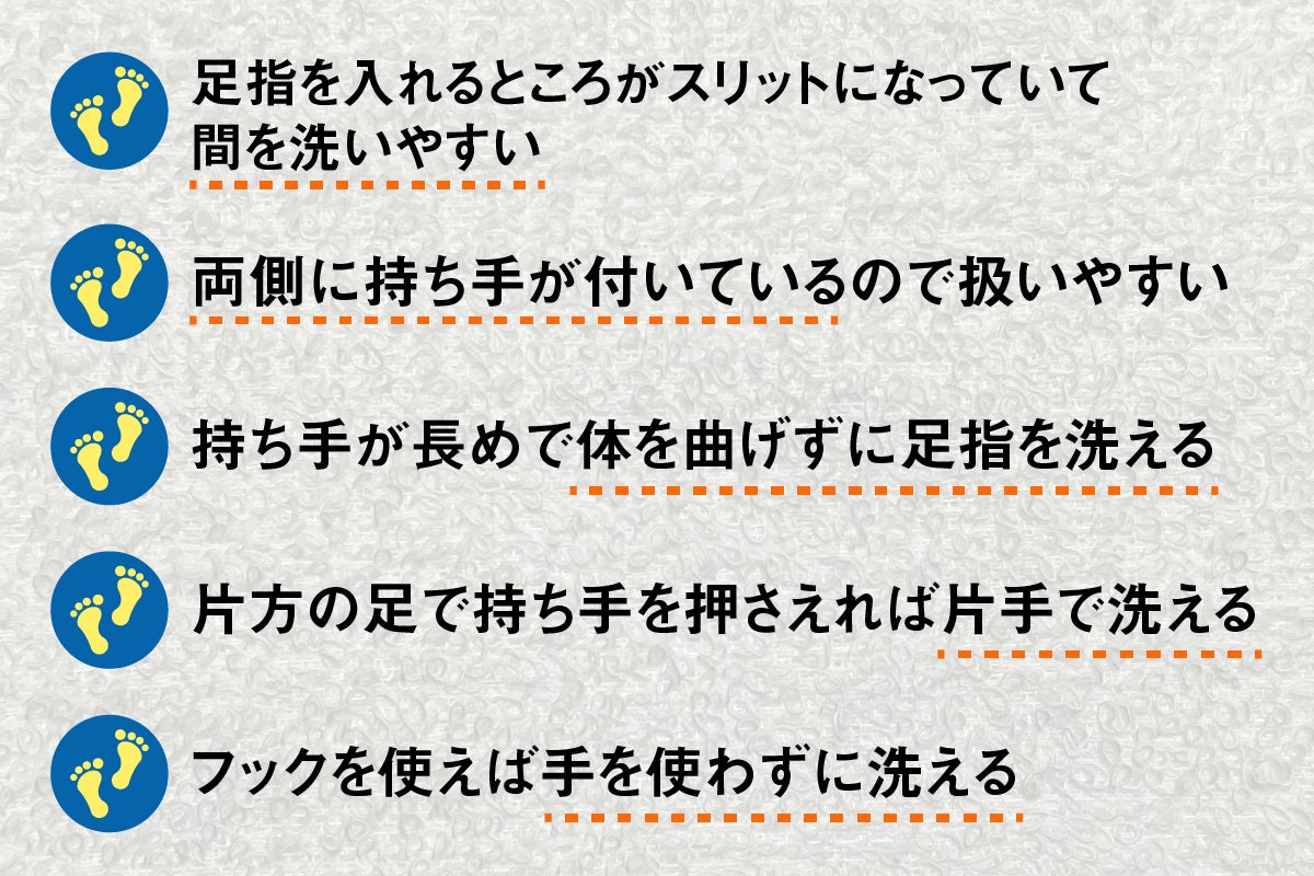 足指を入れるところがスリットになっていて間を洗いやすい。両側に持ち手が付いているので扱いやすい。持ち手が長めで体を曲げずに足指を洗える。片方の足で持ち手を押さえれば片手で洗える。フックを使えば手を使わずに洗える。
