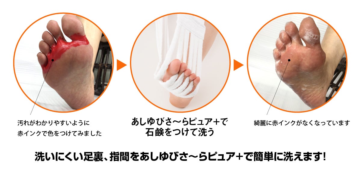 洗いにくい足裏、指間をあしゆびさ〜らピュア+で簡単に洗えます!