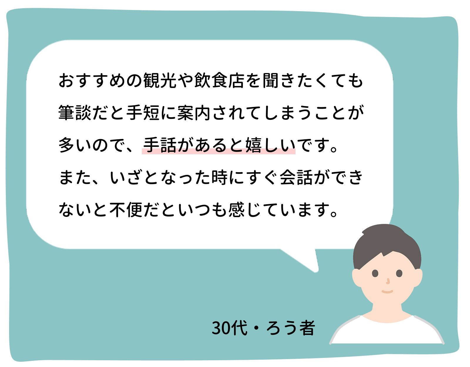 おすすめの観光や飲食店を聞きたくても筆談だと手短に案内されてしまうことが多いので、手話があると嬉しいです。
また、いざとなった時にすぐ会話ができないと不便だといつも感じています。 30代・ろう者。