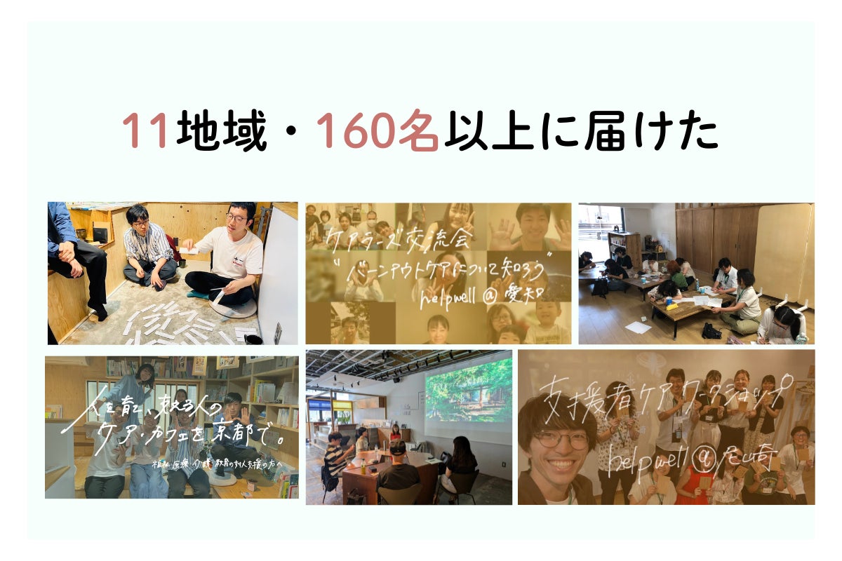 11地域・160名以上に届けたケアの場の様子です。画像が6枚並んでいます。 3枚がワークショップや講義パートの様子で、残り3枚が集合写真です。集合写真は、京都・愛知・尼崎で撮影されたものです